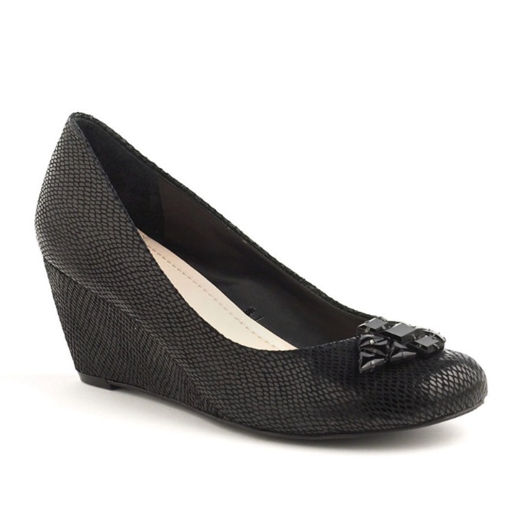 BCBGeneration Treese Black Leather Jeweled Wedges